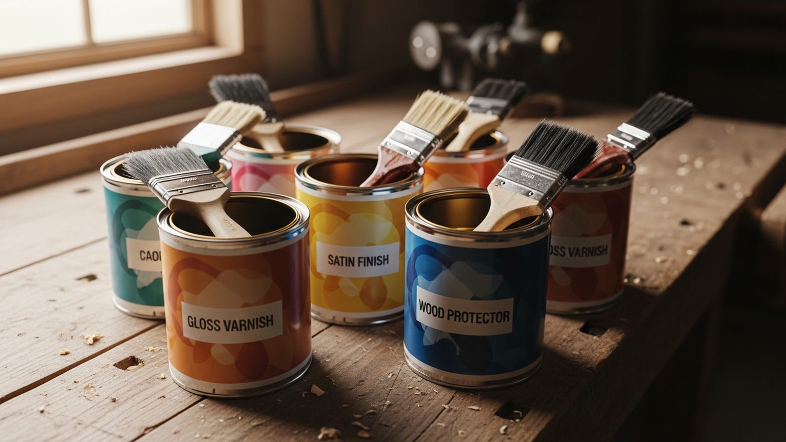 Latas de barniz abiertas con brochas sobre mesa de madera