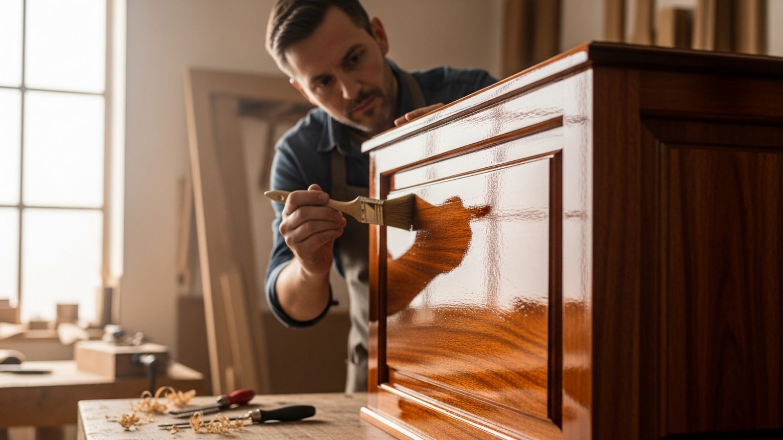 Carpintero aplicando barniz brillante a mueble de madera