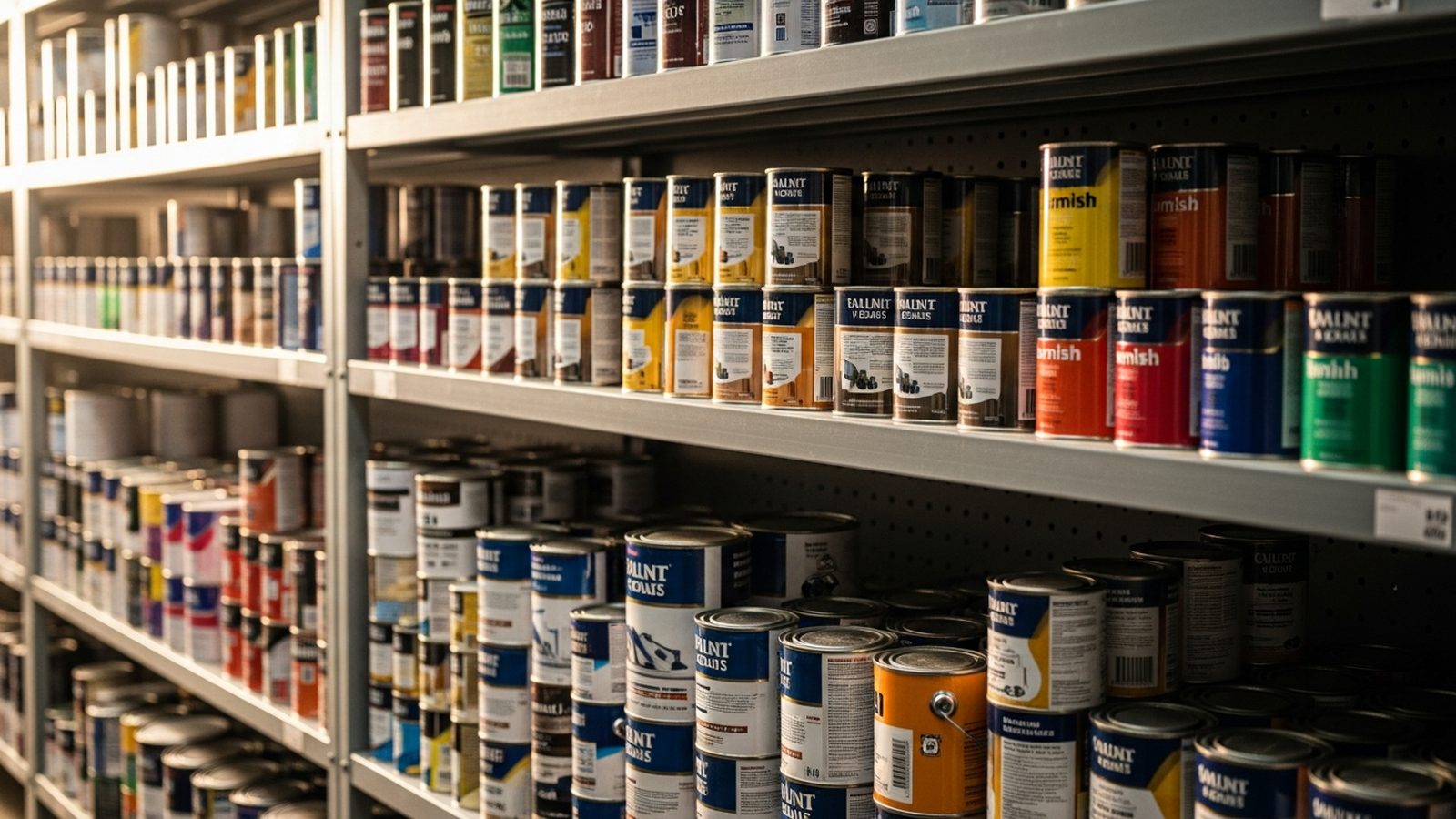 Estante con latas de pintura y barniz de colores