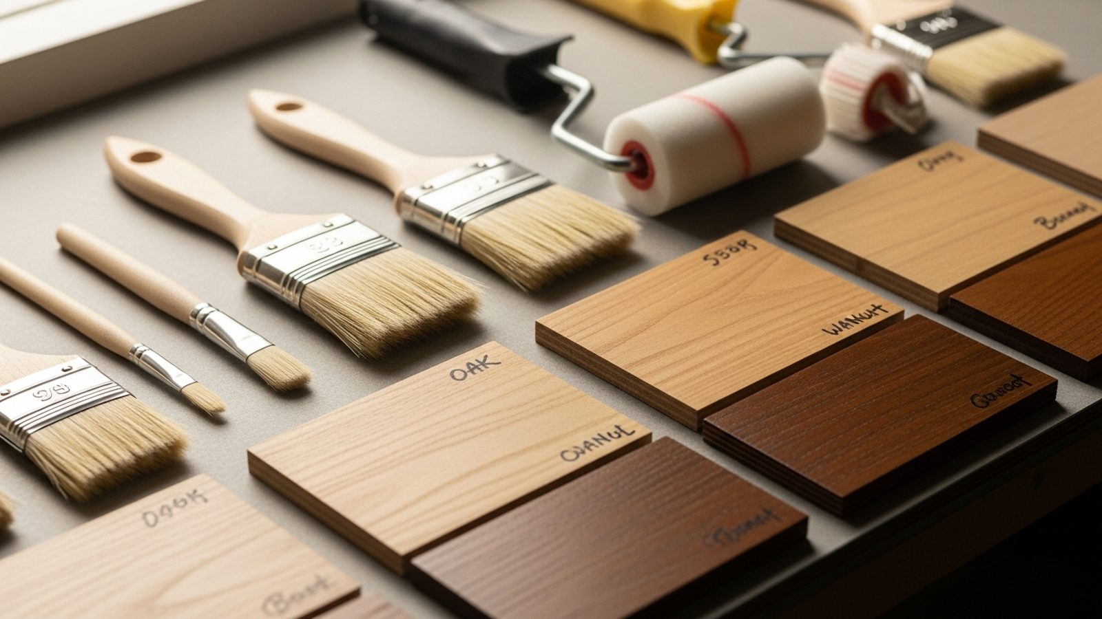 Brochas y rodillos nuevos junto a muestras de madera